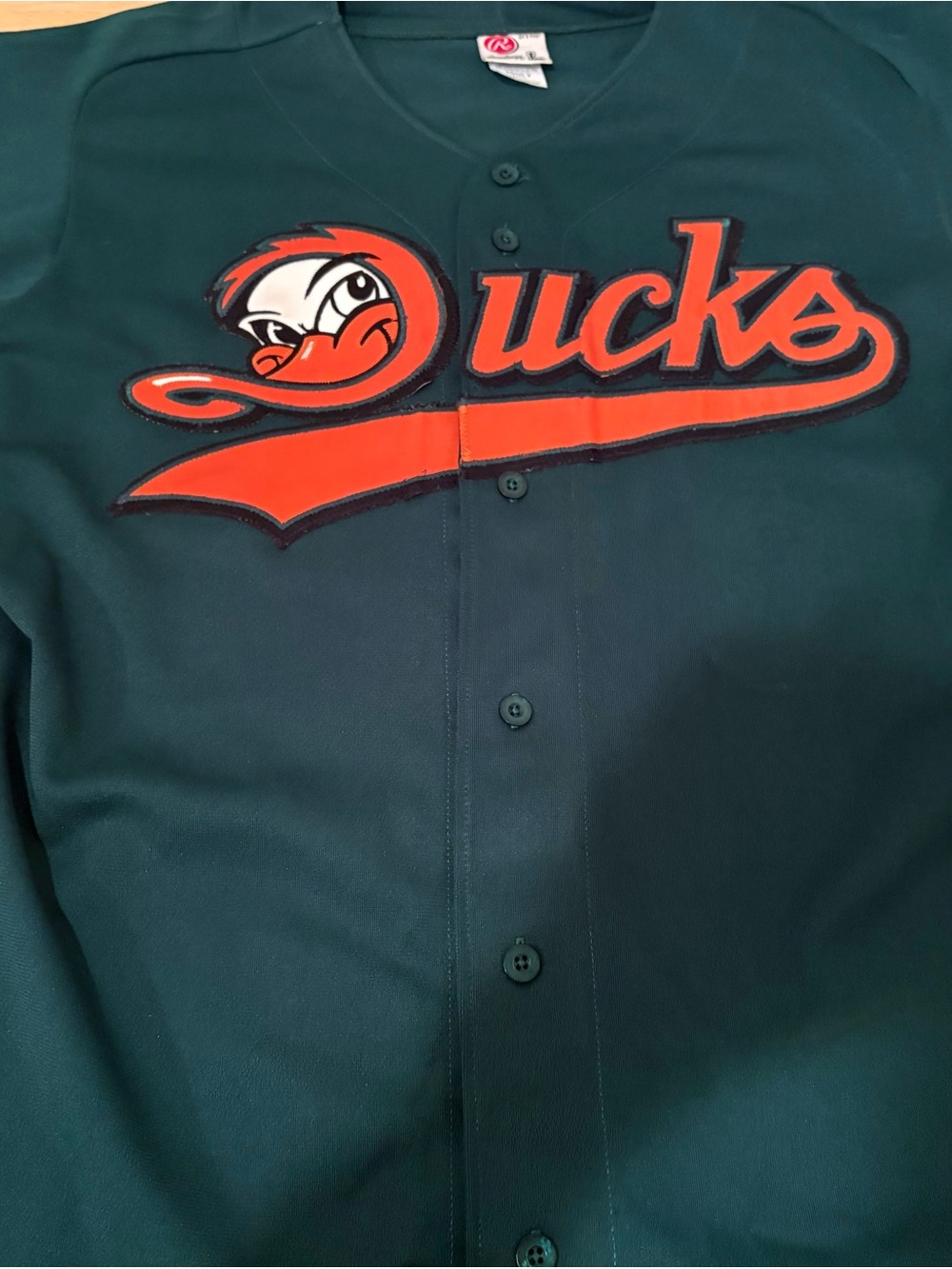 Green Long Island LI Ducks Baseball Jersey Orange Black Logo Size Large Rawlings